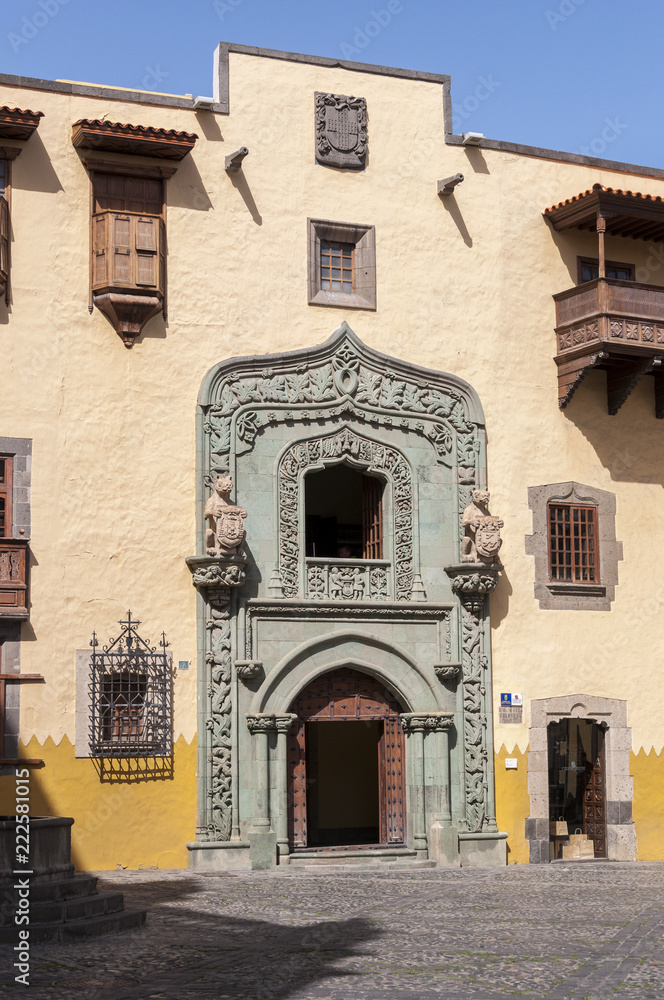 Facade of the Casa de Colon, Columbus’s House, in Las Palmas, Canary Islands, Spain, on February 17, 2017. It can be seen the Portada verde, Green Doorway.