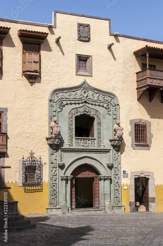 Facade of the Casa de Colon, Columbus’s House, in Las Palmas, Canary Islands, Spain, on February 17, 2017. It can be seen the Portada verde, Green Doorway.