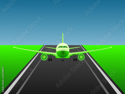 A green jet airplane landing on airport runway vector illustration
