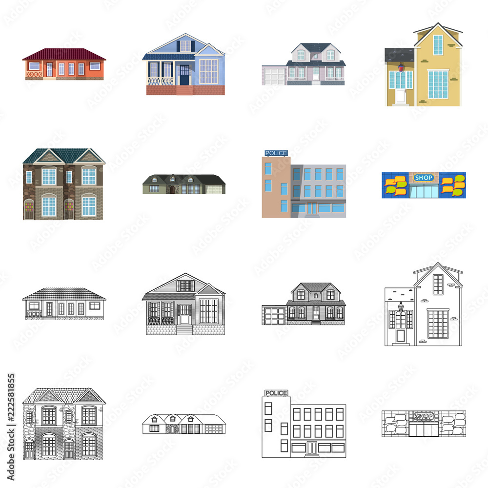 Vector design of building and front symbol. Collection of building and roof stock vector illustration.