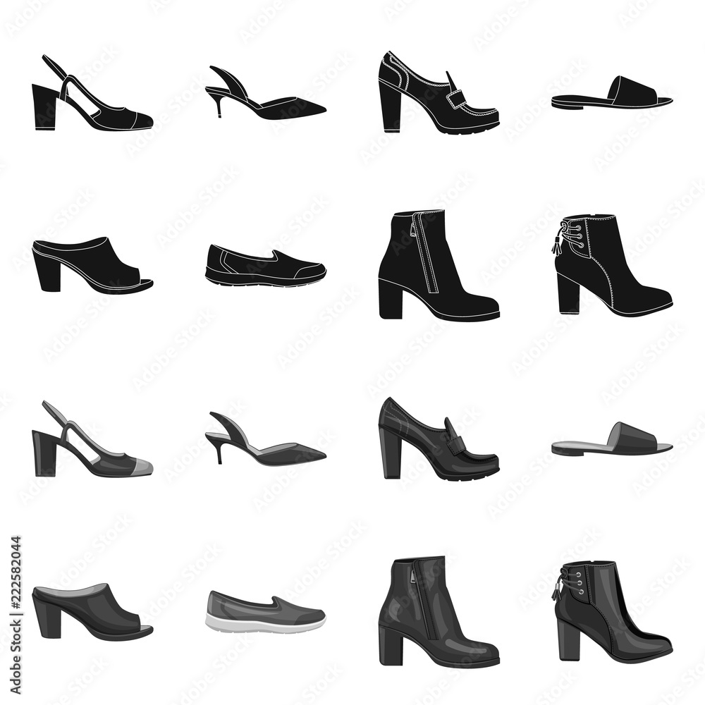 Vector design of footwear and woman sign. Set of footwear and foot stock vector illustration. Vector design of footwear and woman sign. Set of footwear and foot stock vector illustration.