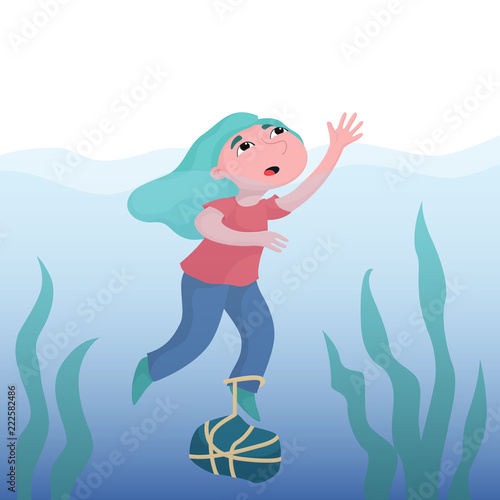 Scared girl, woman drowning in deep water with heavy rock tied to foot, crying for help, depression, mental problem concept, flat vector illustration. Girl drowning in deep water, crying for help