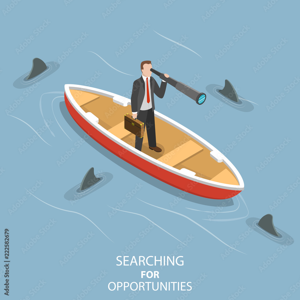 Isometric flat vector concept of searching for opportunities, business vision, finding a path to the goal.