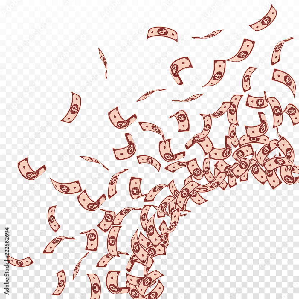 Russian ruble notes falling. Small RUB bills on transparent background. Russia money. Bizarre vector Russian ruble notes falling. Small RUB bills on transparent background. Russia money. Bizarre vector