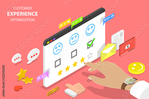Isometric flat vector concept of customer experience optimization, crm, relationship management, client rating, user satisfaction.