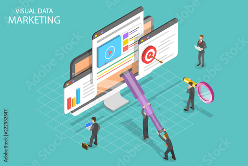 Isometric flat vector concept of visual data marketing, data driven campaign, analyzing statistics.