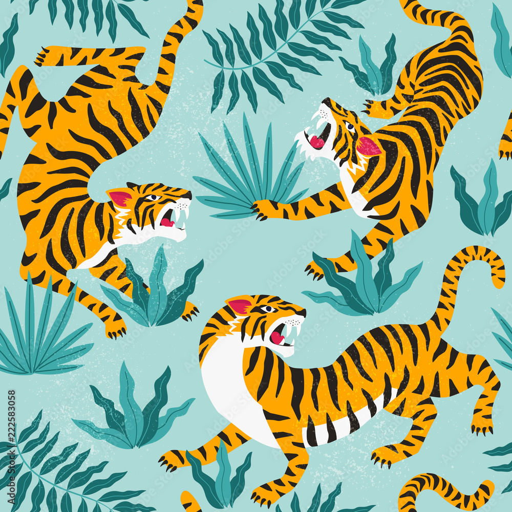 Obraz premium Wektor wzór z słodkie tygrysy na tle. Pokaz zwierząt cyrkowych. Modny wzór tkaniny.