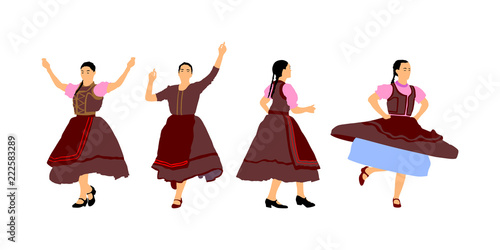 Csardas dancers vector illustration. Folklore of Hungary. Bavarian woman on Octobar fest. Polka dance performer. Balkan folk dance. Europe traditional festival attraction.