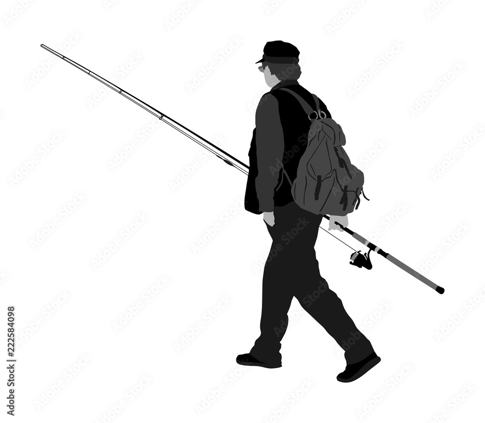 Fisherman vector illustration isolated on white background. Outdoor leisure activity. Senior man go to fishing. Nature sport. Fisher man with fishing rod go to the river. Fisherman vector illustration isolated on white background. Outdoor leisure activity. Senior man go to fishing. Nature sport. Fisher man with fishing rod go to the river.
