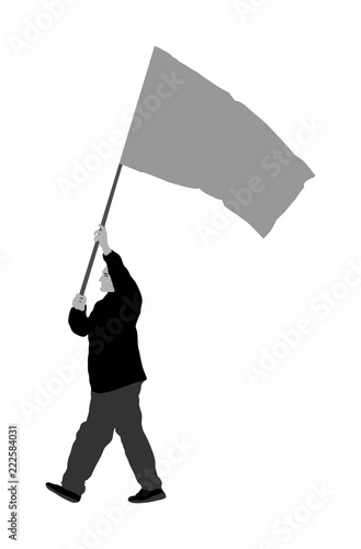Man walking with flag vector illustration isolated on white background. Angry protester on the street. Fighter for labor rights. Human rights agitation. Factory strike, walkout. Sport fan support team
