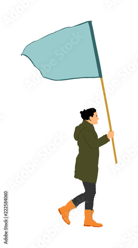 Woman walking with flag vector illustration isolated on white background. Angry protester on the street. Fighter for labor rights. Human rights agitation. Factory strike, walkout. Sport supporter fan.