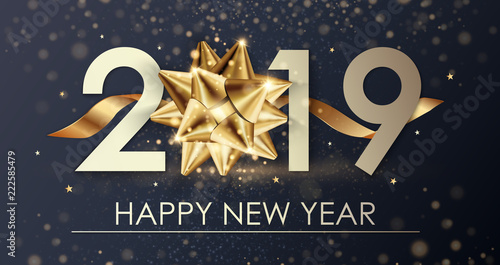 Happy New Year 2019 winter holiday greeting card design template. Party poster, banner or invitation gold glittering stars confetti glitter decoration. Vector background with