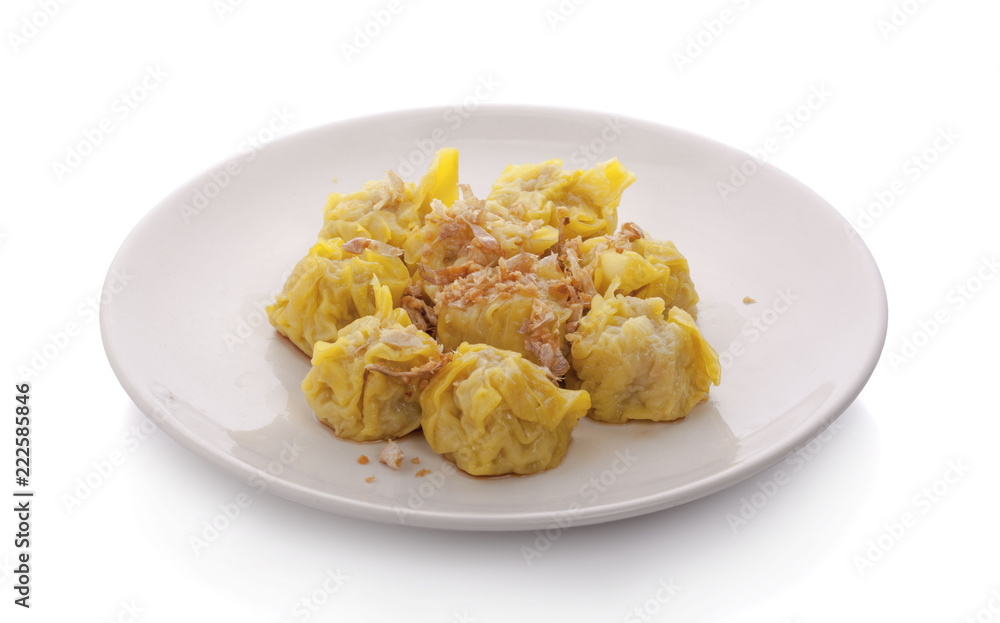 Delicious Dim Sum Asian food dumpling stuffed pork with served on white plate Delicious Dim Sum Asian food dumpling stuffed pork with served on white plate