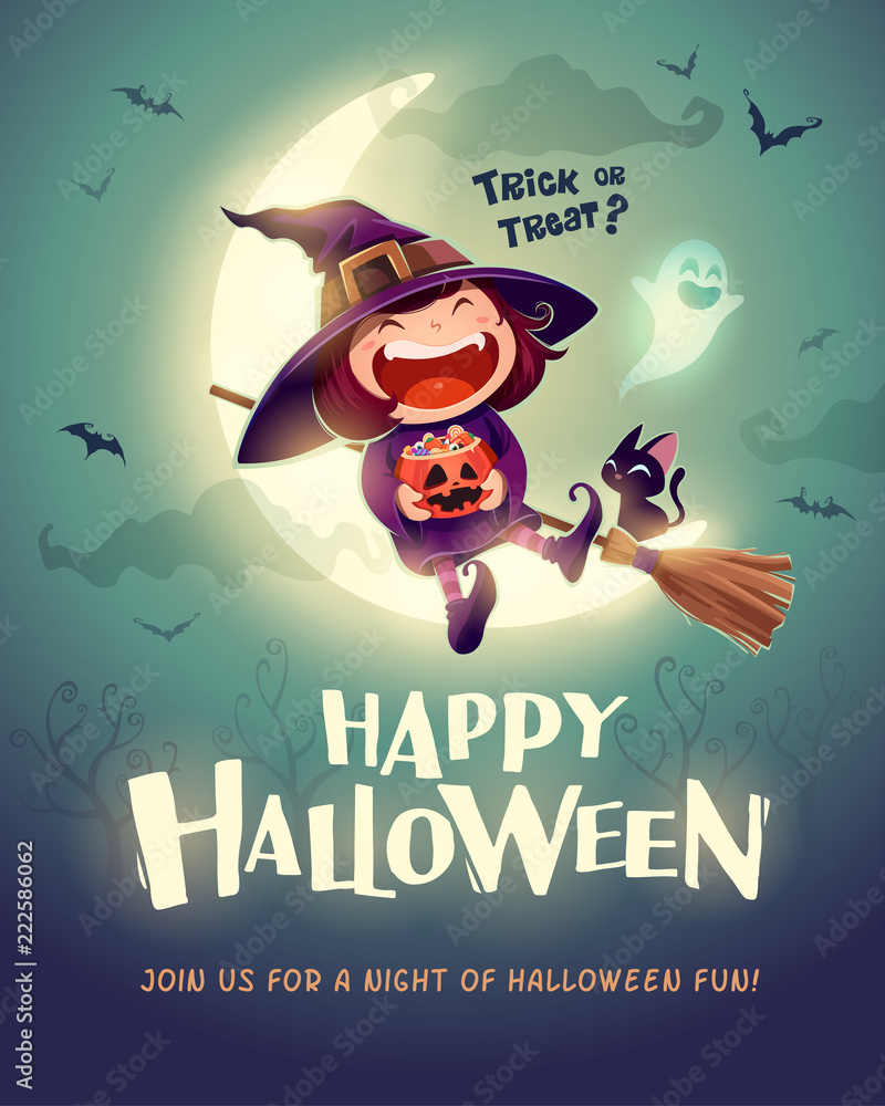 Fototapeta premium Happy Halloween. Halloween little witch. Girl kid in Halloween costume sits on the moon. Retro vintage.