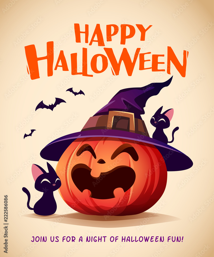 Obraz premium Happy Halloween. Halloween pumpkin. Black Cat and Jack O Lantern Pumpkin with witch hat.
