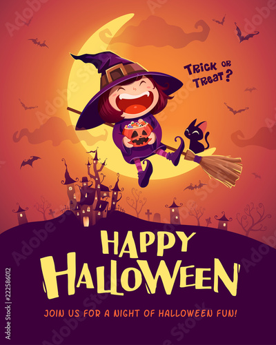 Happy Halloween. Halloween little witch. Girl kid in Halloween costume sits on the moon. Retro vintage.