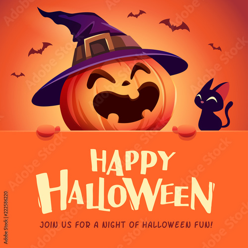 Happy Halloween! Jack O Lantern pumpkin witch hat with big signboard.