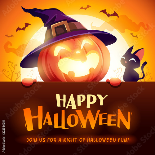 Happy Halloween! Jack O Lantern pumpkin witch hat with big signboard in the moonlight.