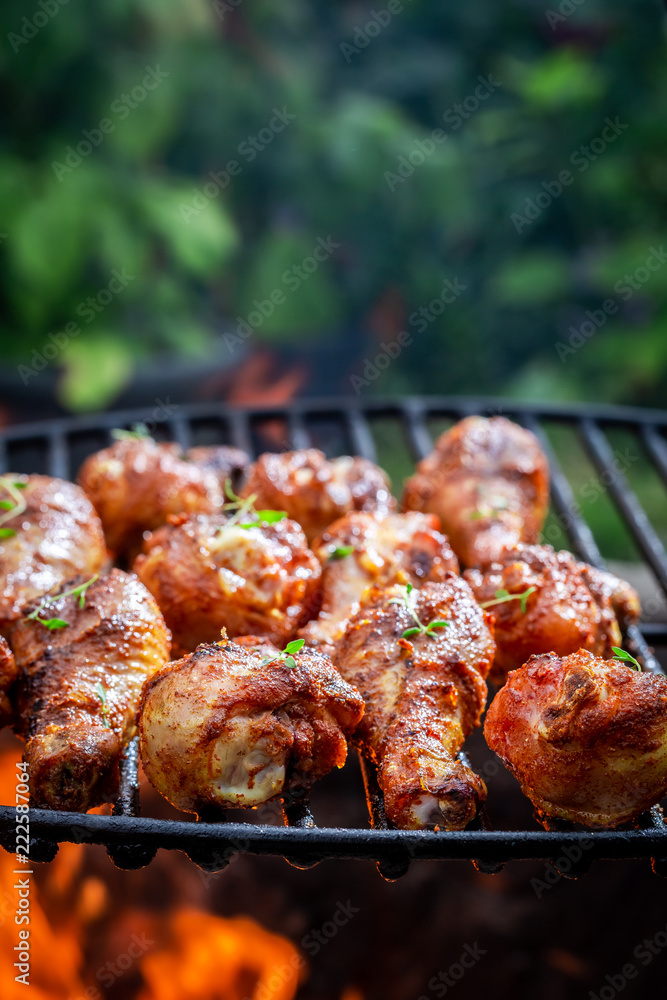 Spicy chicken leg on grill with herbs and spices