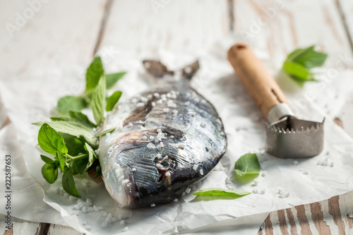 Preparing whole sea bream with lime and mint leaves photo