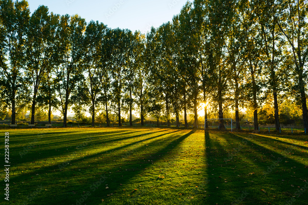 Fototapeta premium empty football ground at countryside, autumn sunset