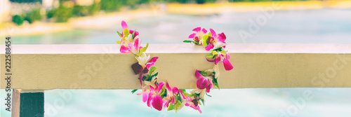Hawaiian lei flowers necklace panoramic banner for polynesian or hawaiian culture tradition. Panorama background.