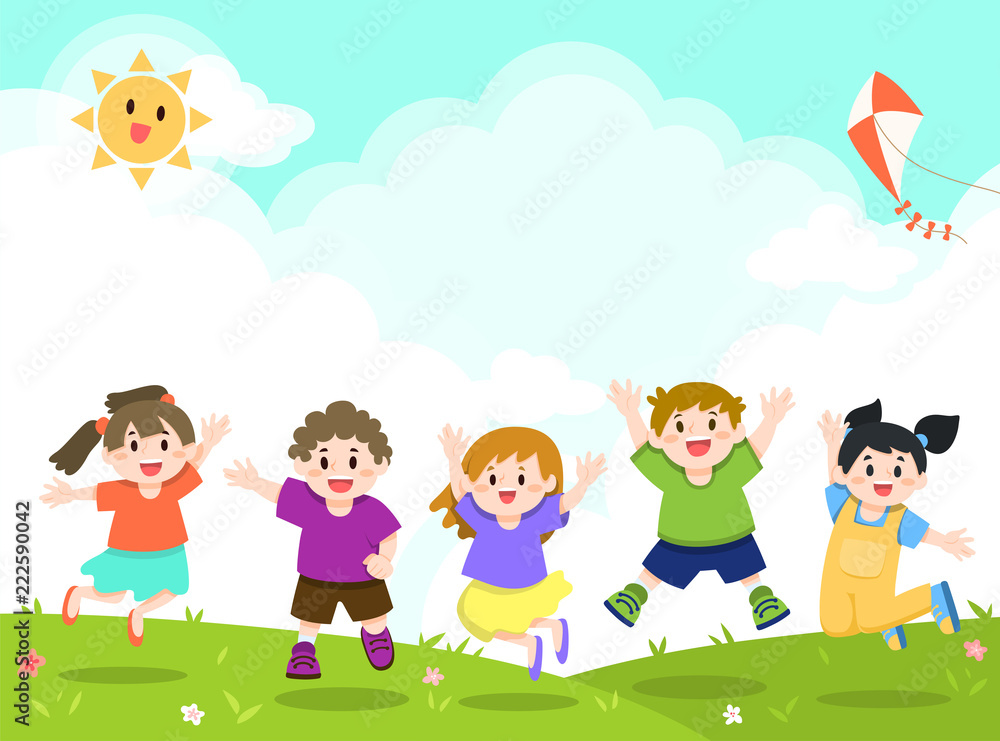 Happy Children Playing, Jumping at Outdoor, Park, Garden