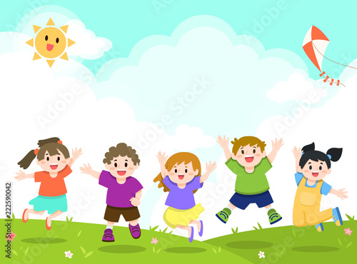 Happy Children Playing, Jumping at Outdoor, Park, Garden