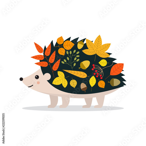 Hello autumn. Cute hedgehog and leaves