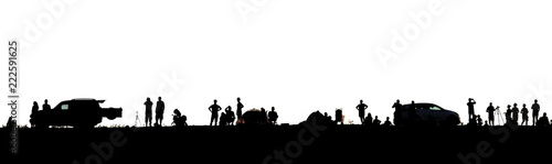 Silhouettes of people. Adventure and dreams. Panorama. Isolated on a white