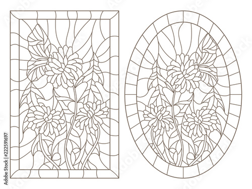 Fototapeta Naklejka Na Ścianę i Meble -  A set of contour illustrations in the style of stained glass with dandelions and a butterfly, oval and rectangular image in the frame, dark contours on a white background