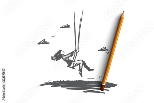 Girl, swing, childhood, fun, play concept. Hand drawn isolated vector.