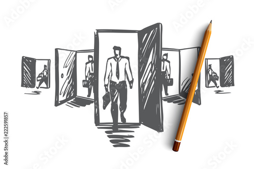 Door, opportunity, job, business, career concept. Hand drawn isolated vector.