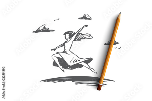 Freedom, happiness, woman, fly, love concept. Hand drawn isolated vector.