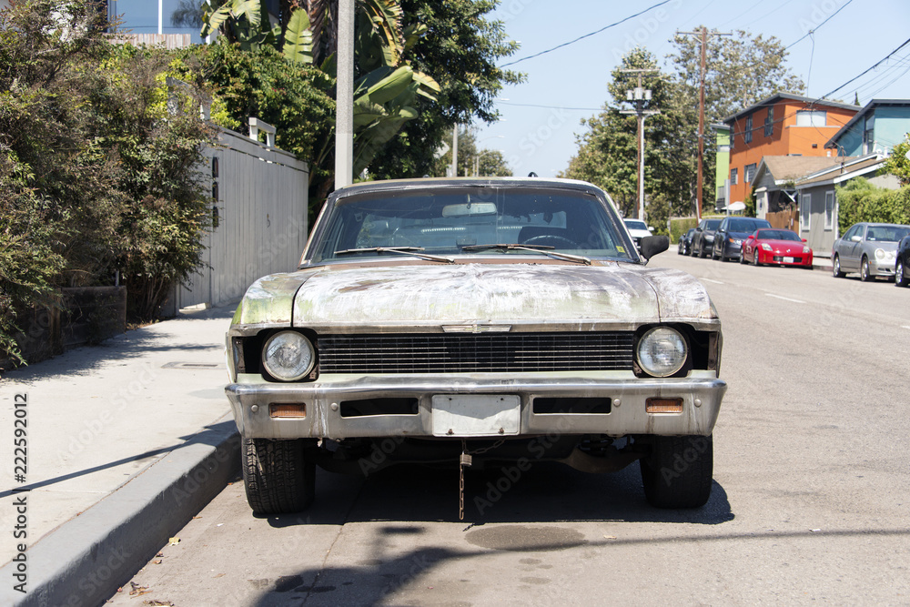 Front view of a classic vintage American car in the street in LA