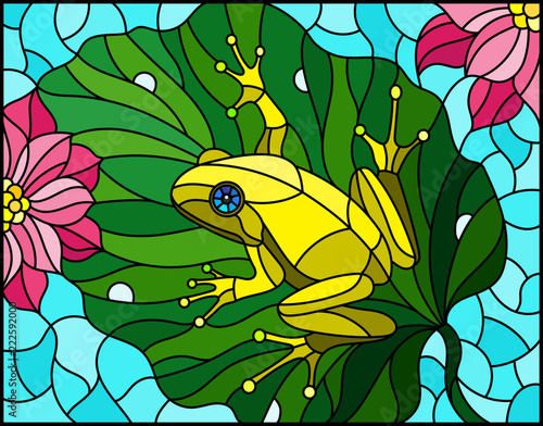 Illustration in stained glass style with abstract  frog on Lotus leaf on water and flowers