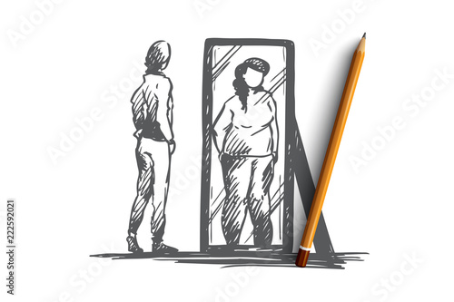 Girl, mirror, body, distorted, weight concept. Hand drawn isolated vector.