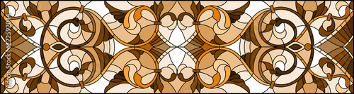 Illustration in stained glass style with abstract  swirls ,flowers and leaves  on a light background,horizontal orientation, sepia