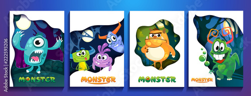 Set of cute colorful monster cards. Cartoon monsters posters for party invitation, copybooks, prints etc.