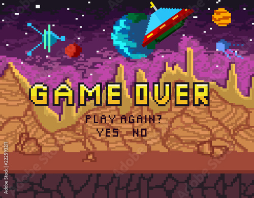 Game over pixel art design with space background and hearts. Pixel inscription "play again?" with jungle background for games, ui, posters, etc.