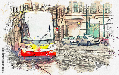 Sticker Watercolor sketch or illustration of a tram moving along a street in Prague in the Czech Republic