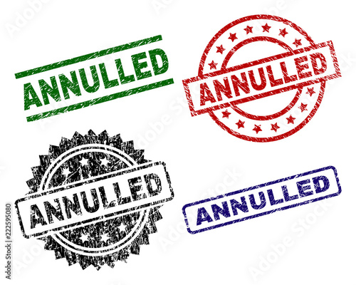 ANNULLED seal prints with damaged texture. Black, green,red,blue vector rubber prints of ANNULLED caption with corroded texture. Rubber seals with round, rectangle, medal shapes.