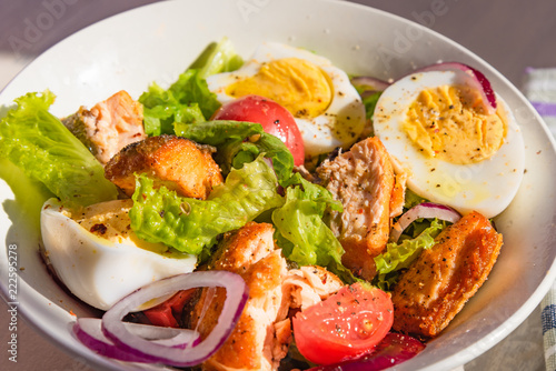 Paleo diet salad with salmon, tomatoes, eggs, onions and lettuce, close-up