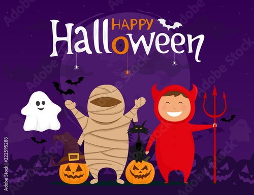 Happy halloween with kids in costumes. Mummy, devil, ghost, pumpkin and black cat cartoon character. Vector illustration.