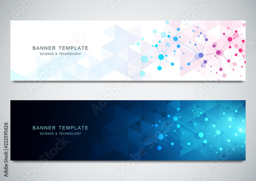 Vector banners design for medicine, science and digital technology. Molecular structure background and communication with connected lines and dots.