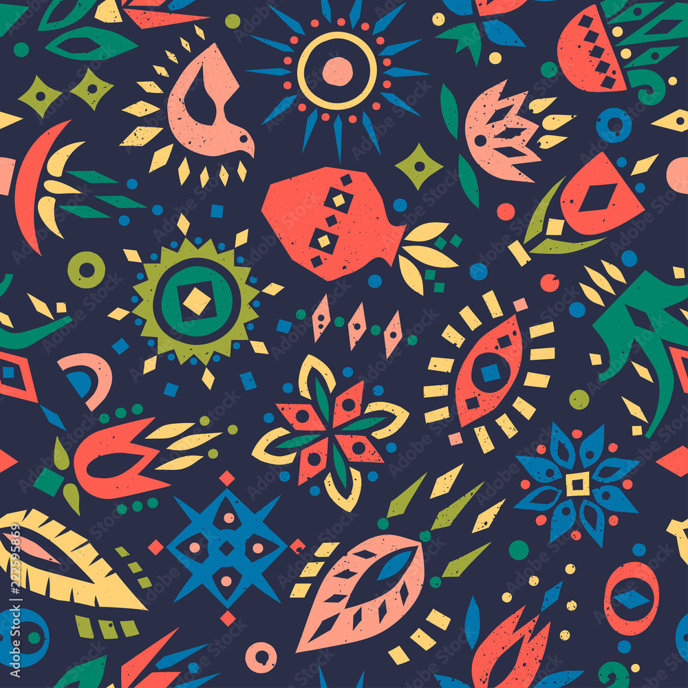 Naklejka premium Vector seamless pattern of colorful cut out flowers and geometric shapes on a dark background.