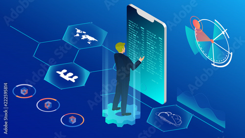 Concept of digital technology. Businessman, graphs, statistics, icons. 3d isometric flat design. Vector illustration.