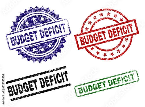 BUDGET DEFICIT seal prints with distress surface. Black, green,red,blue vector rubber prints of BUDGET DEFICIT title with retro texture. Rubber seals with circle, rectangle, medal shapes.