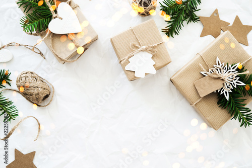 Christmas and New Year holiday background. Xmas greeting card. Christmas gifts on white background top view. Flat lay