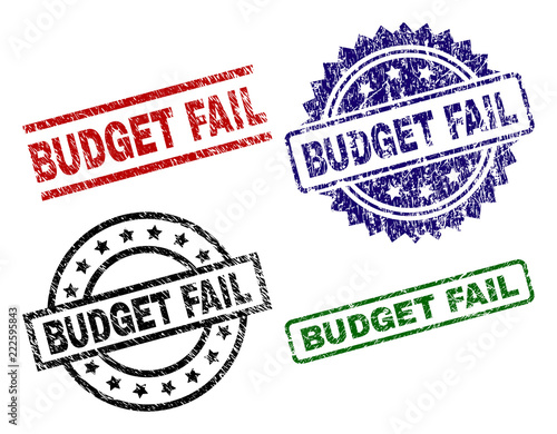BUDGET FAIL seal stamps with corroded texture. Black, green,red,blue vector rubber prints of BUDGET FAIL caption with corroded texture. Rubber seals with round, rectangle, rosette shapes.